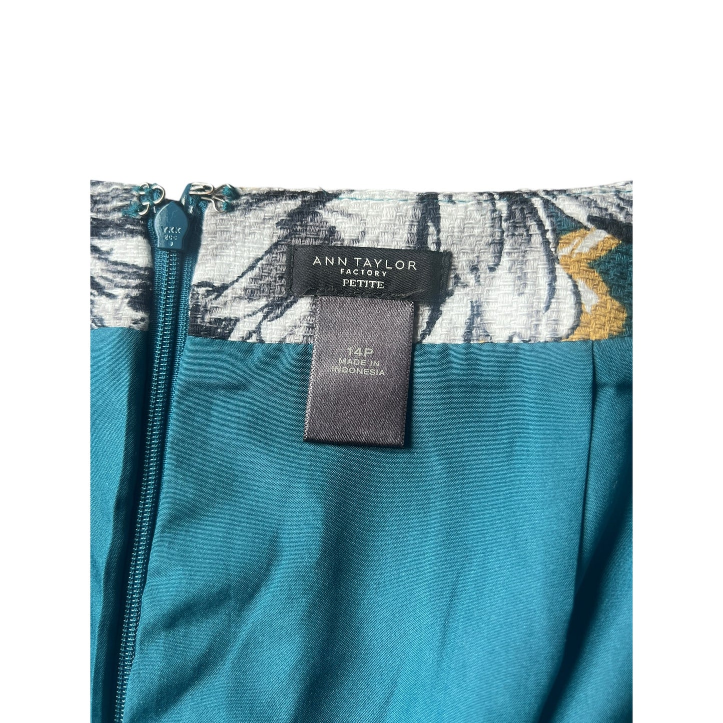 Ann Taylor Factory Petite 14P Floral Pencil Skirt – Teal, Black & Gold, Cotton Blend
