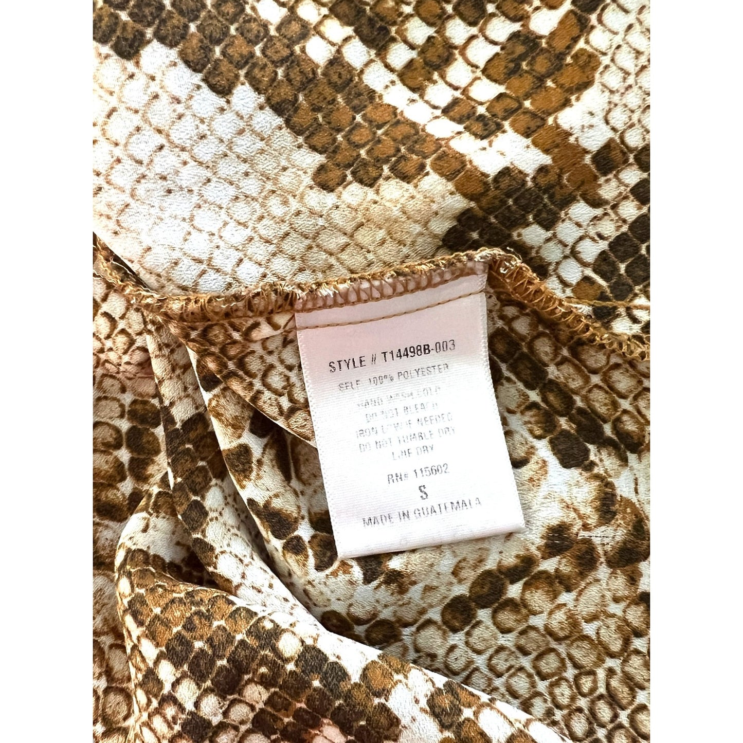 Lush Snake Print V-Neck Blouse – Size Small, 3/4 Sleeve, Brown & Beige