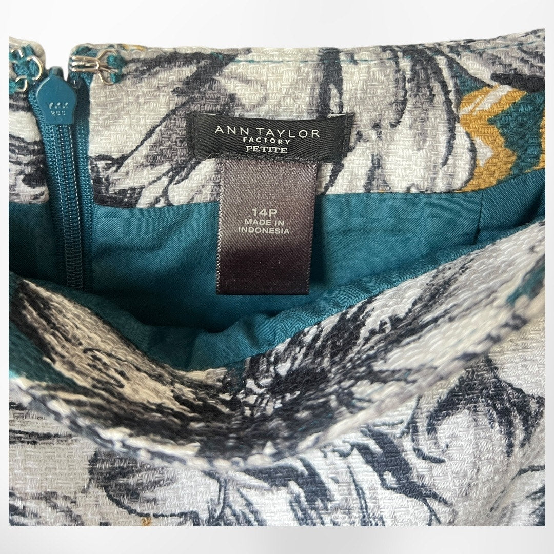 Ann Taylor Factory Petite 14P Floral Pencil Skirt – Teal, Black & Gold, Cotton Blend