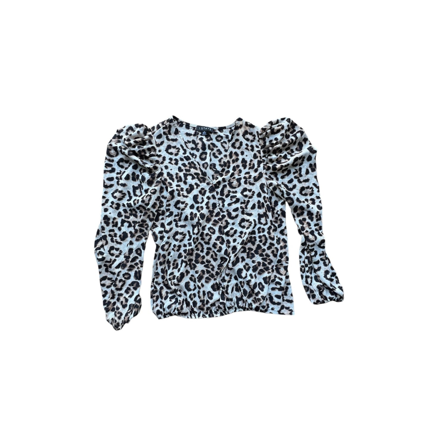1.State Leopard Print Faux Wrap Surplice Puff Sleeve Blouse