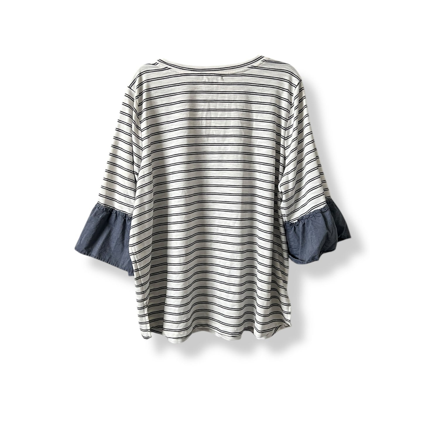 Lane Bryant White Striped Tee with Chambray Ruffle Sleeve