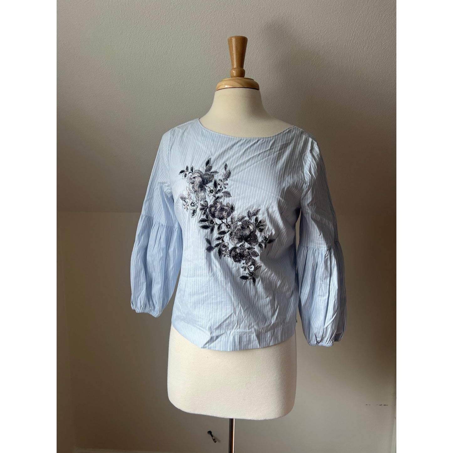 White House Black Market Blue Pinstripe Blouse