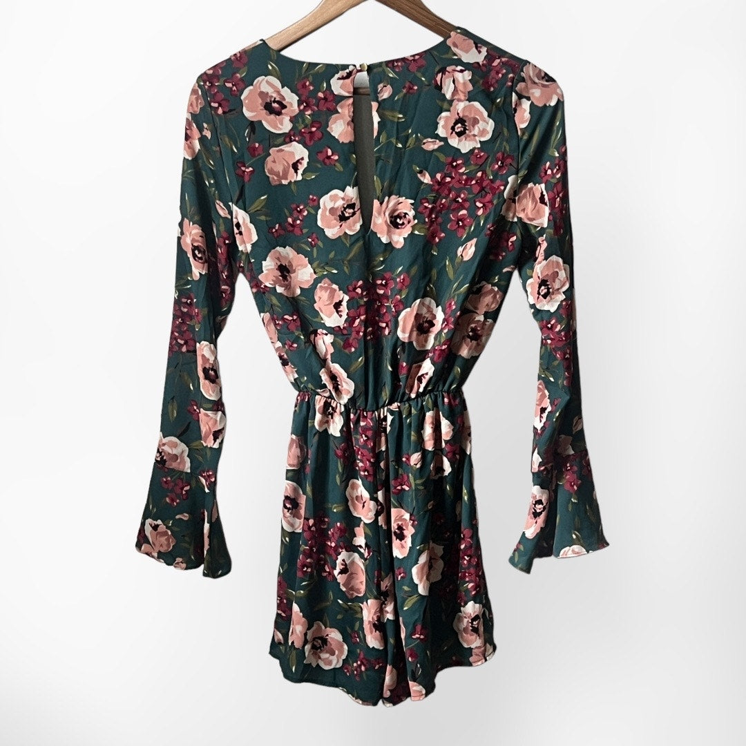 Everly Teal Floral Long Sleeve Romper - Size Small