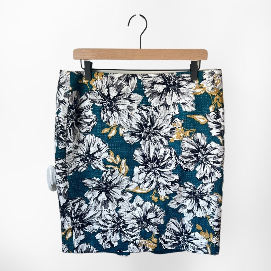 Ann Taylor Factory Petite 14P Floral Pencil Skirt – Teal, Black & Gold, Cotton Blend