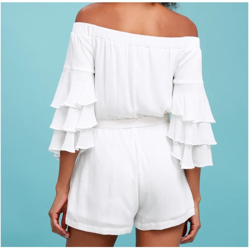 Lulu’s Santa Ana Trumpet Sleeve Flounce Romper in White