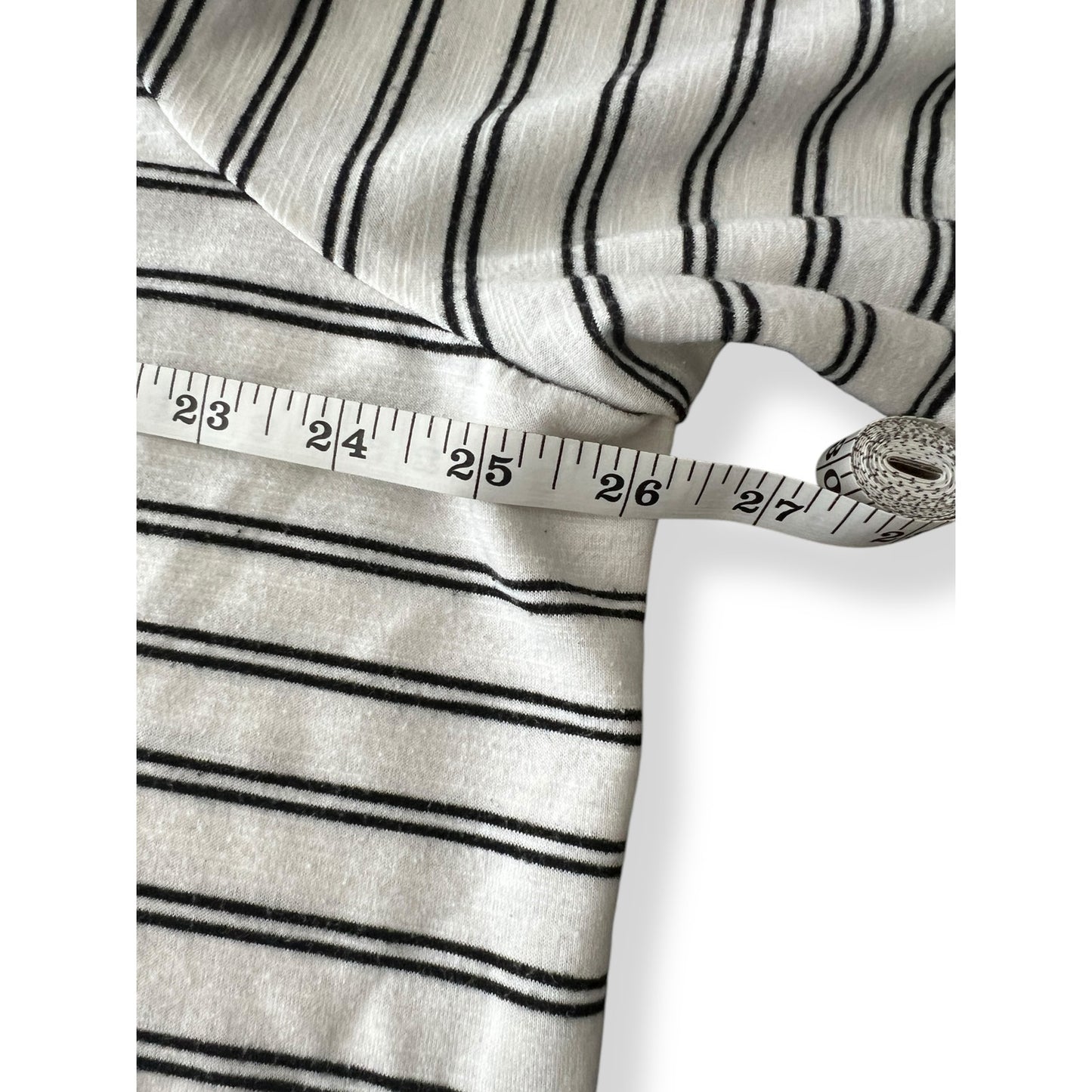 Lane Bryant White Striped Tee with Chambray Ruffle Sleeve