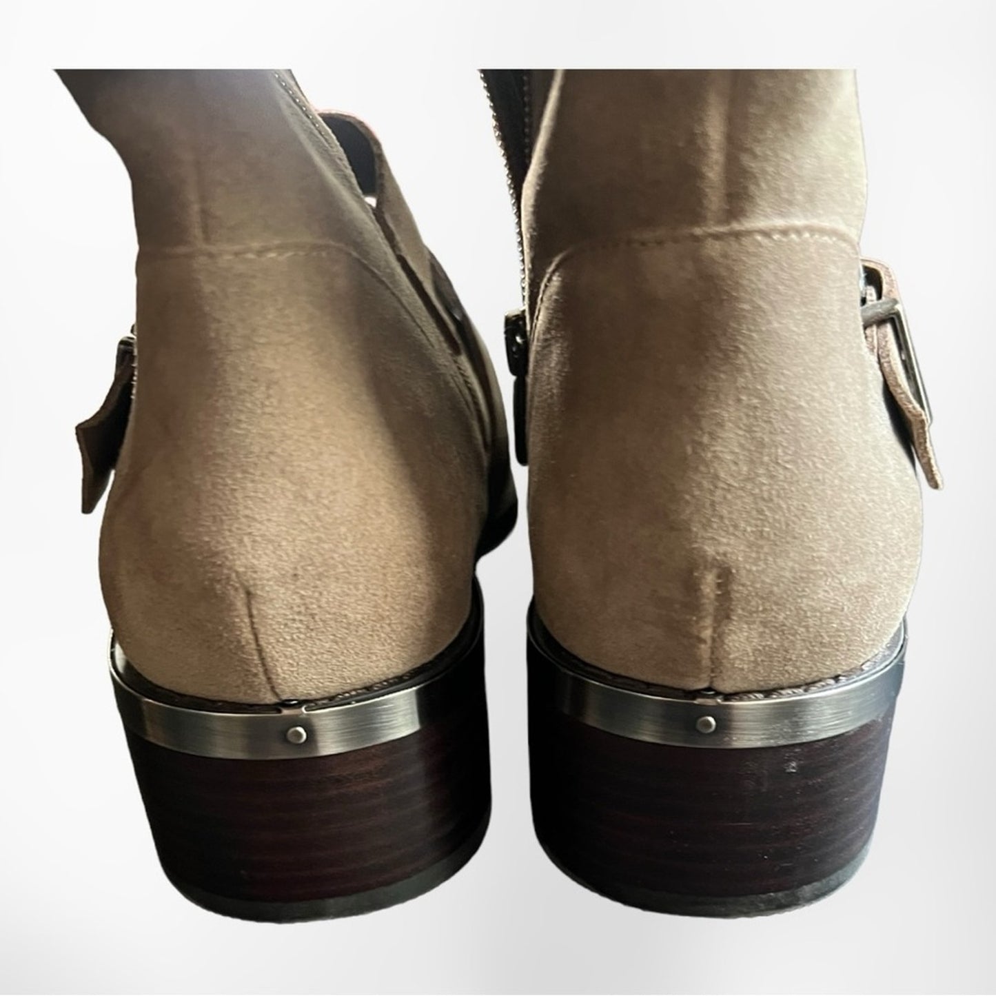 Vince Camuto Walleya Taupe Suede Motorcycle Boots