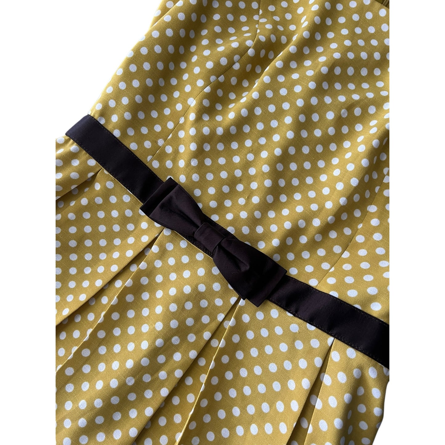 Vintage Mustard Yellow Polka Dot Fit & Flare Dress Retro Sleeveless Bow Size 8