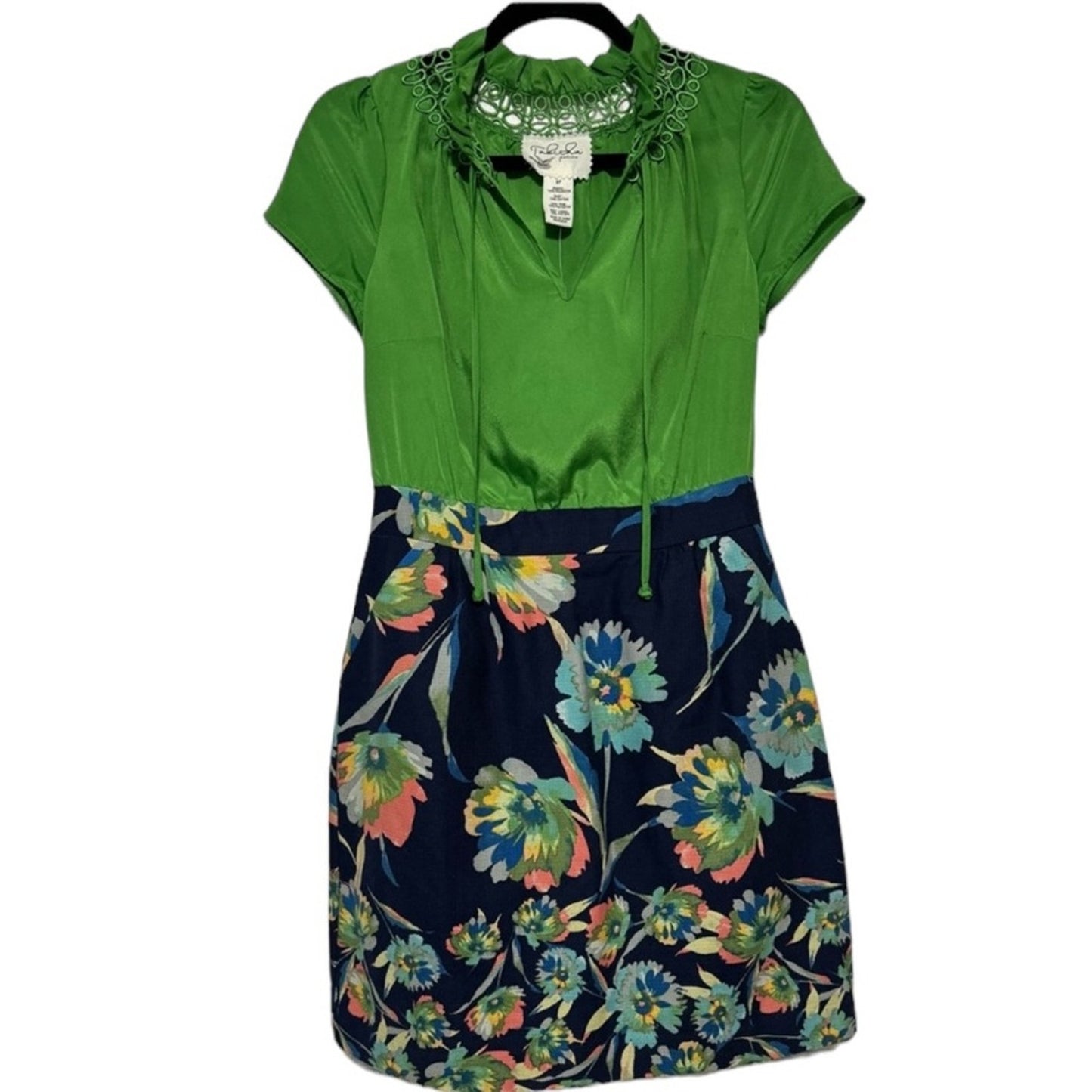 Tabitha Anthropologie Elland Green Navy Blue Floral Tie Neck Sheath Dress 8P