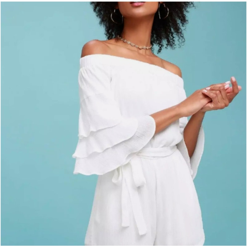 Lulu’s Santa Ana Trumpet Sleeve Flounce Romper in White