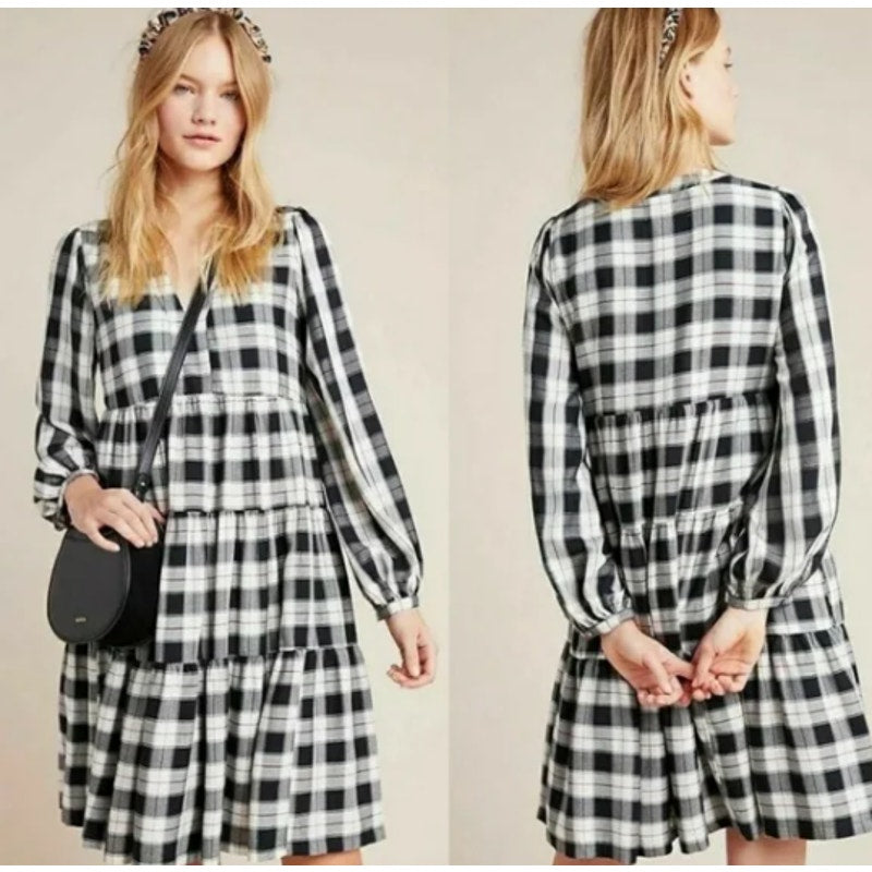 Anthropologie Amber Black & White Plaid Tiered Tunic Maeve
