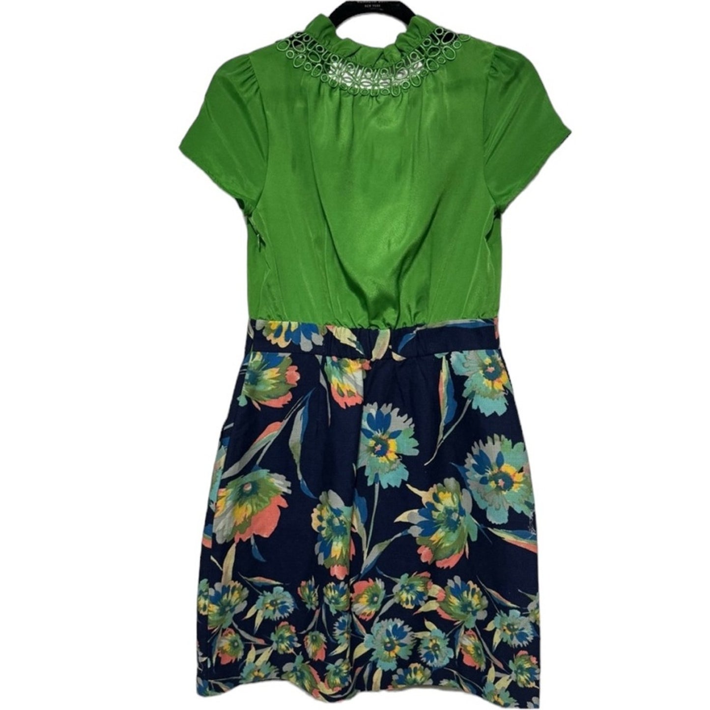 Tabitha Anthropologie Elland Green Navy Blue Floral Tie Neck Sheath Dress 8P