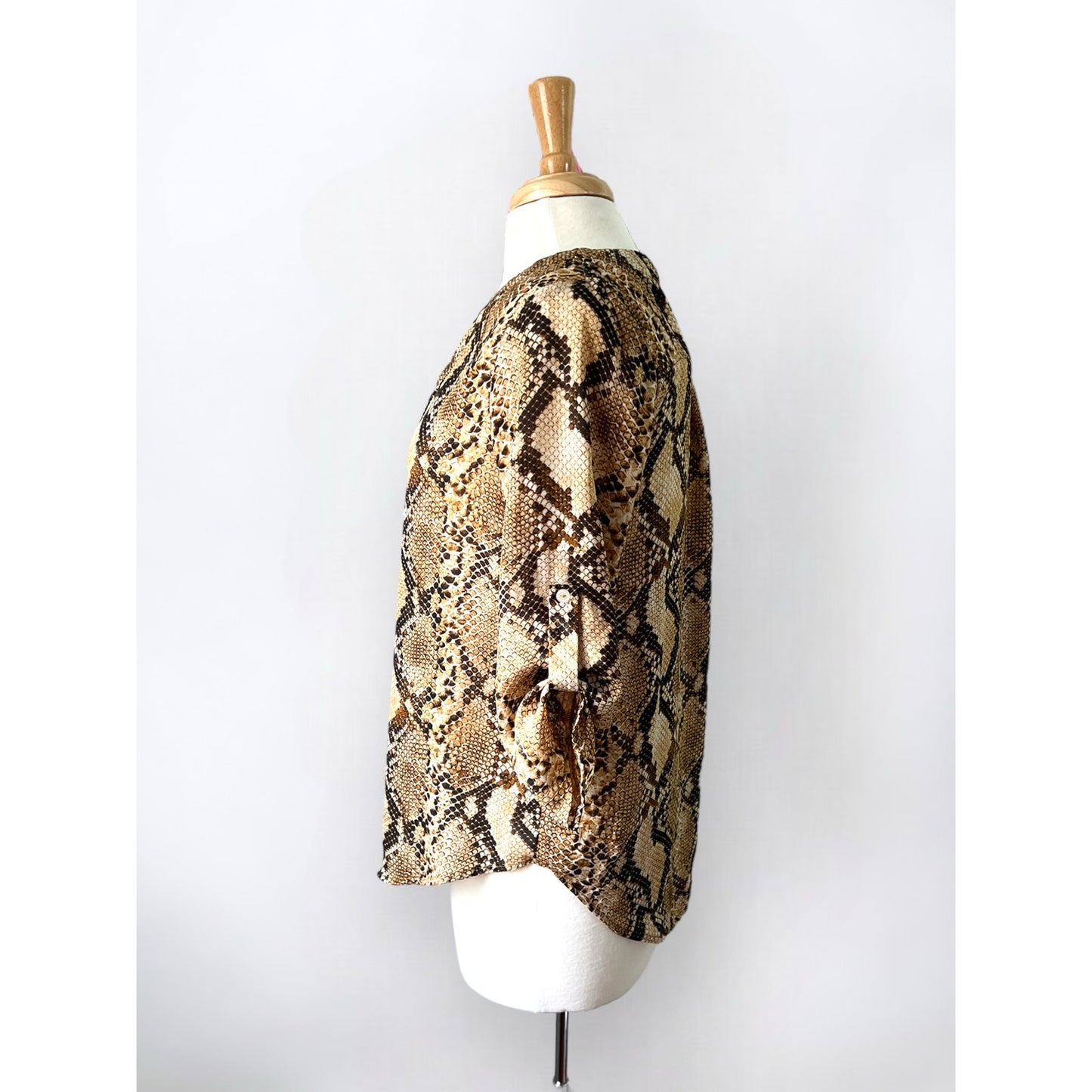 Lush Snake Print V-Neck Blouse – Size Small, 3/4 Sleeve, Brown & Beige