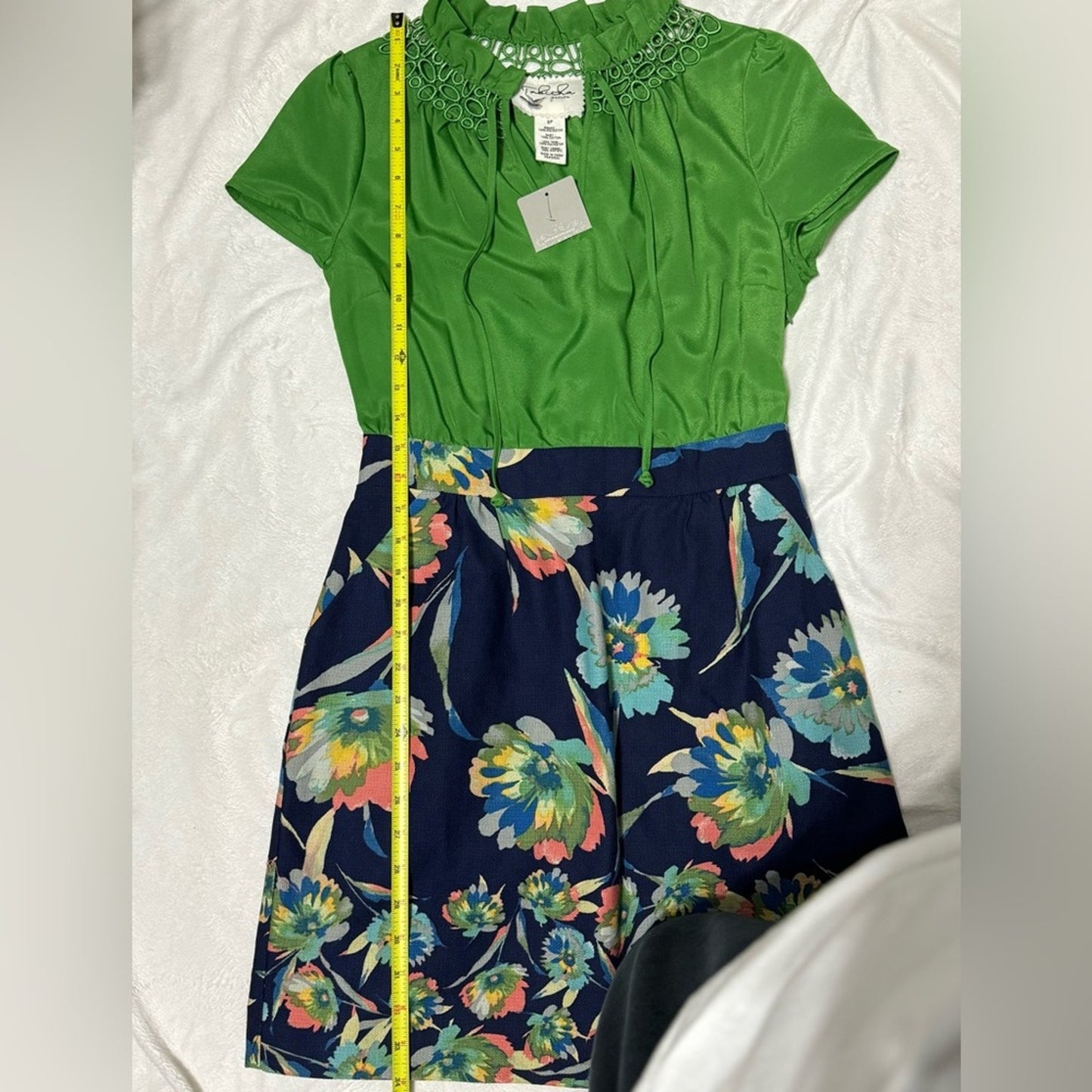 Tabitha Anthropologie Elland Green Navy Blue Floral Tie Neck Sheath Dress 8P