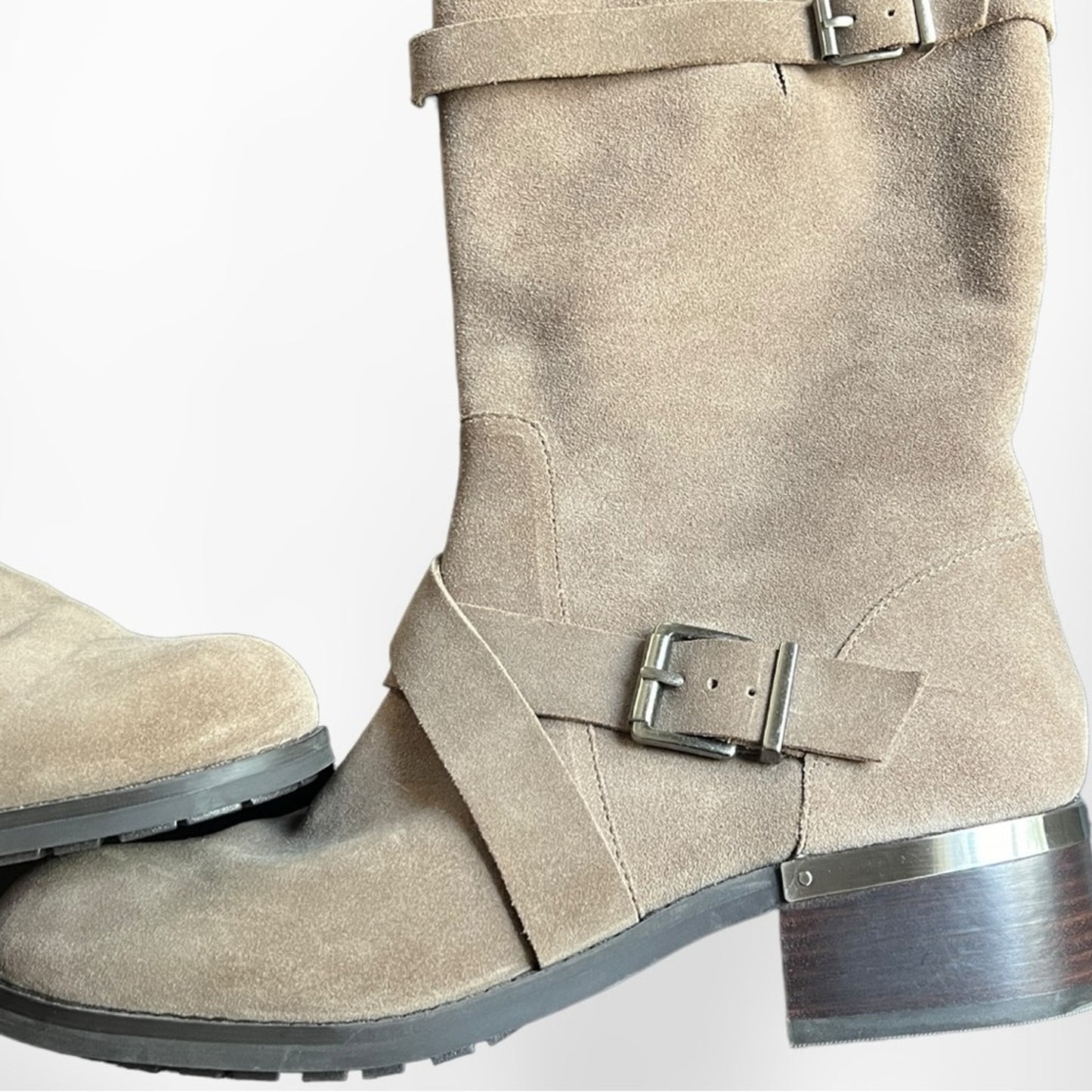 Vince Camuto Walleya Taupe Suede Motorcycle Boots
