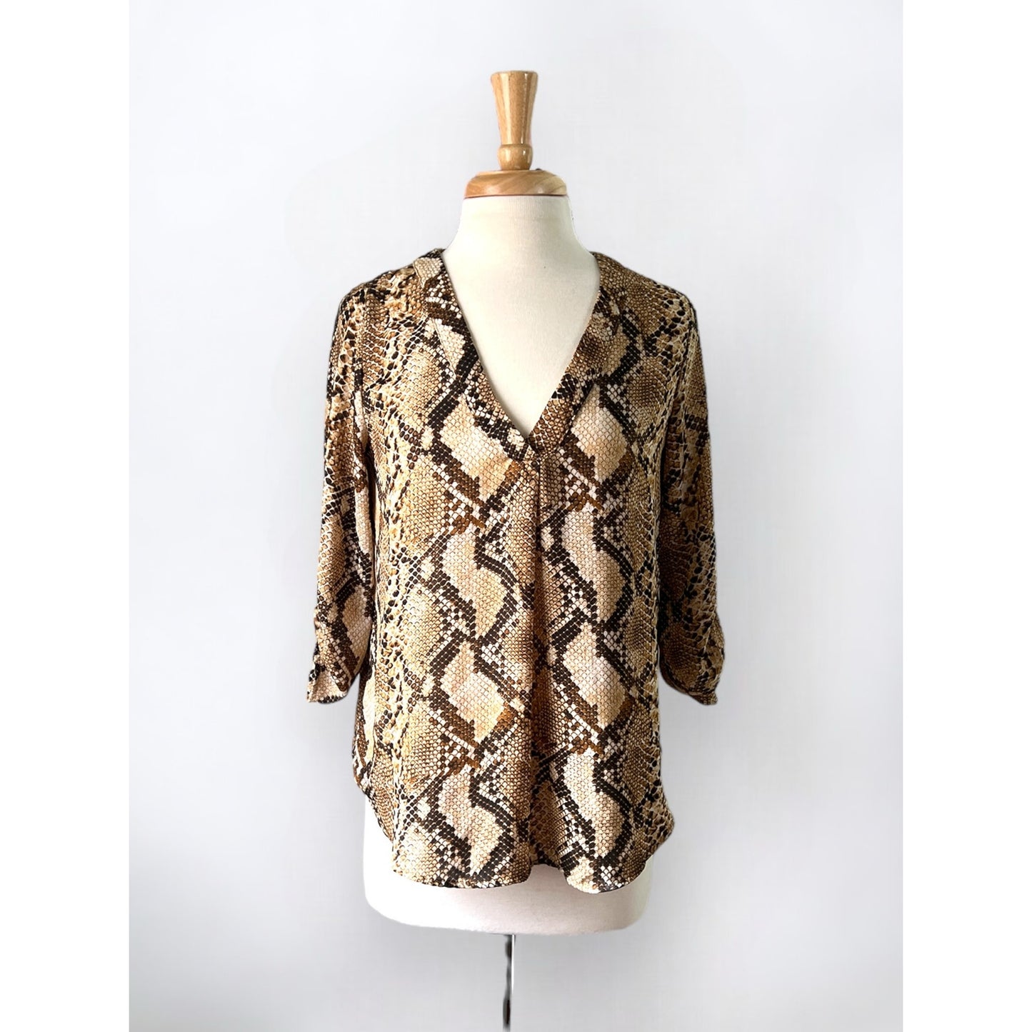 Lush Snake Print V-Neck Blouse – Size Small, 3/4 Sleeve, Brown & Beige