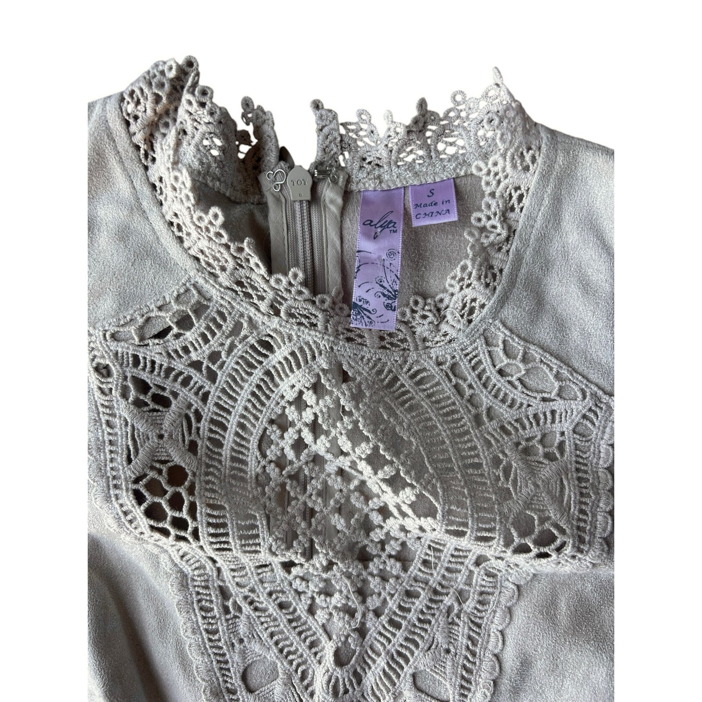 Francesca's Alya Beige Suede Lace Dress