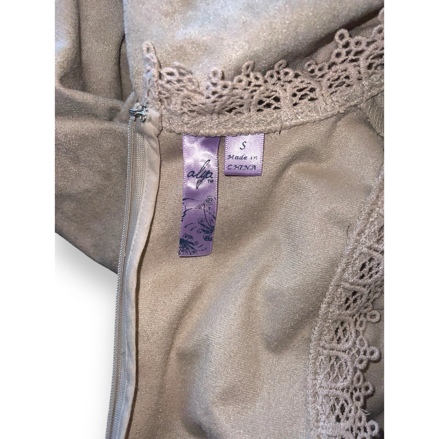 Francesca's Alya Beige Suede Lace Dress