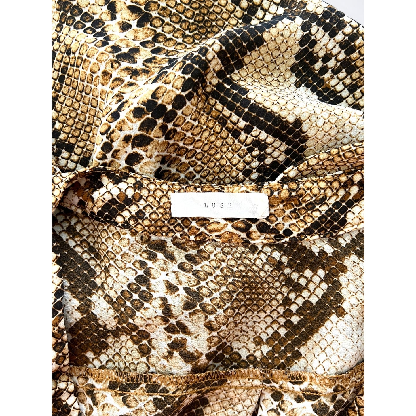 Lush Snake Print V-Neck Blouse – Size Small, 3/4 Sleeve, Brown & Beige