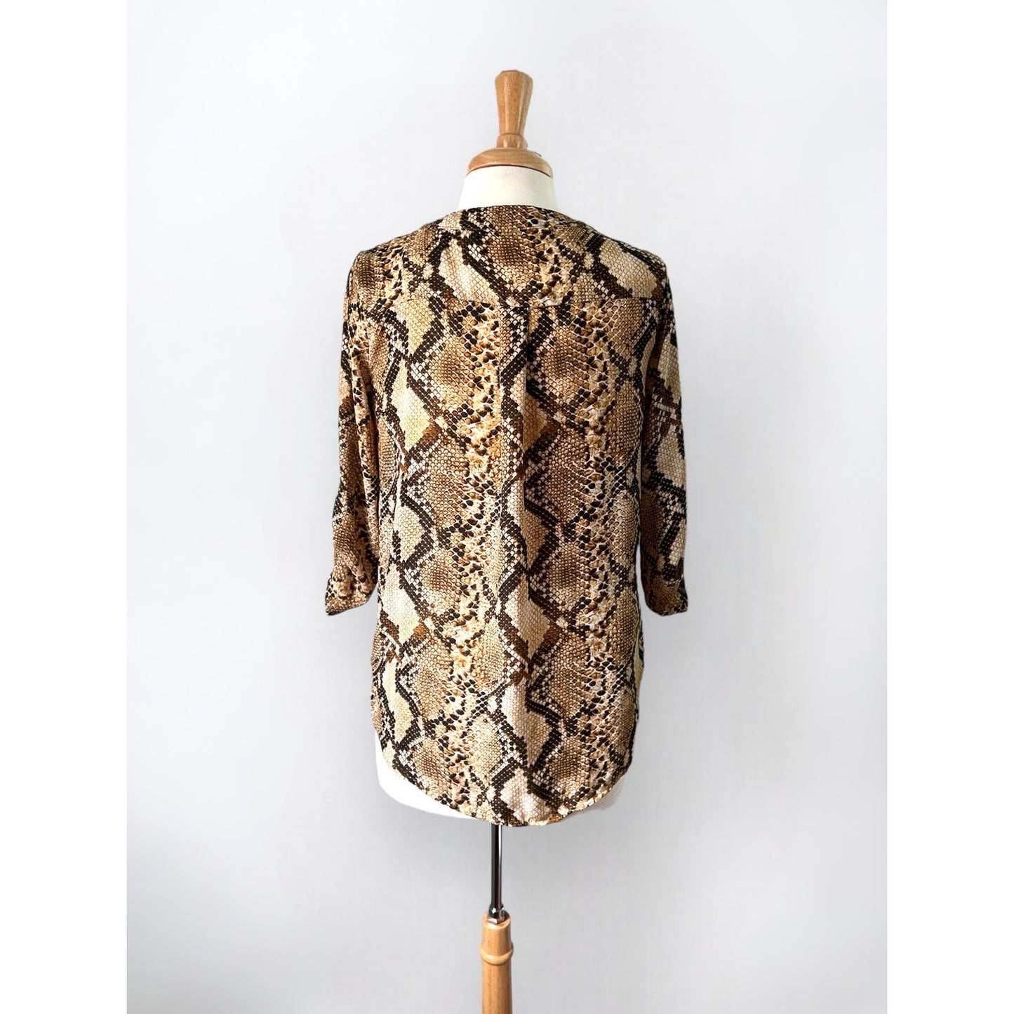 Lush Snake Print V-Neck Blouse – Size Small, 3/4 Sleeve, Brown & Beige