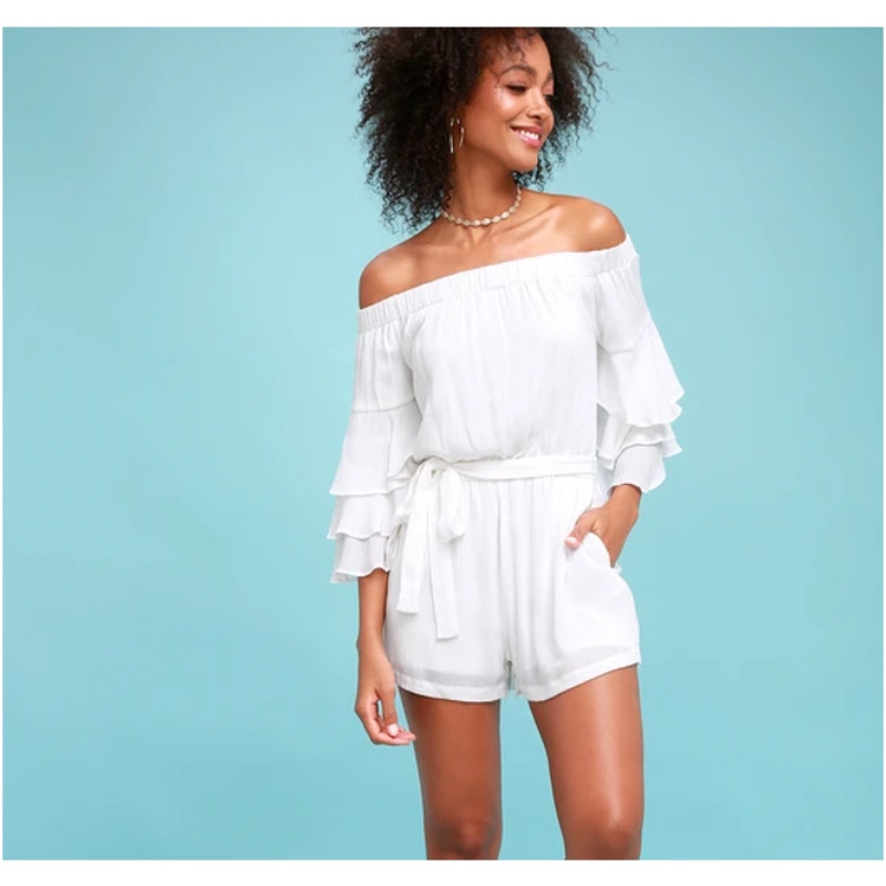 Lulu’s Santa Ana Trumpet Sleeve Flounce Romper in White