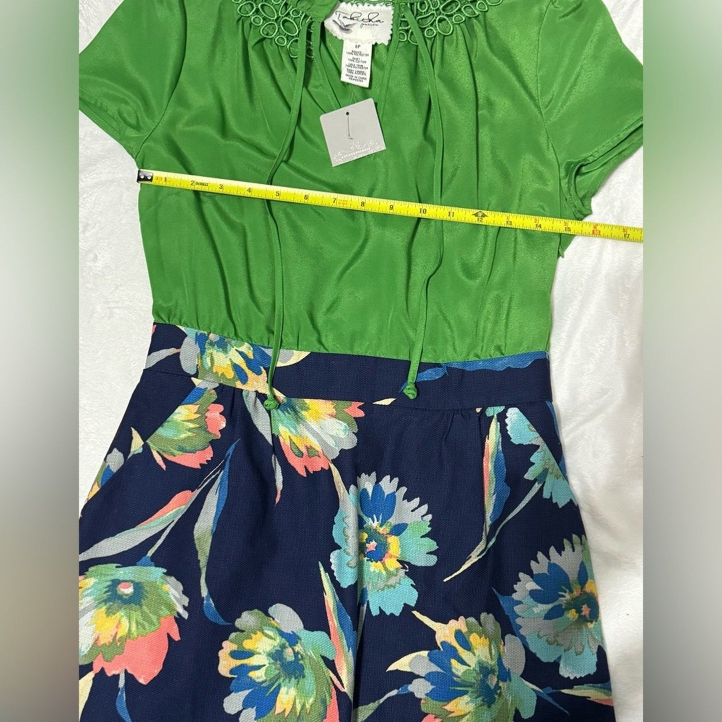 Tabitha Anthropologie Elland Green Navy Blue Floral Tie Neck Sheath Dress 8P