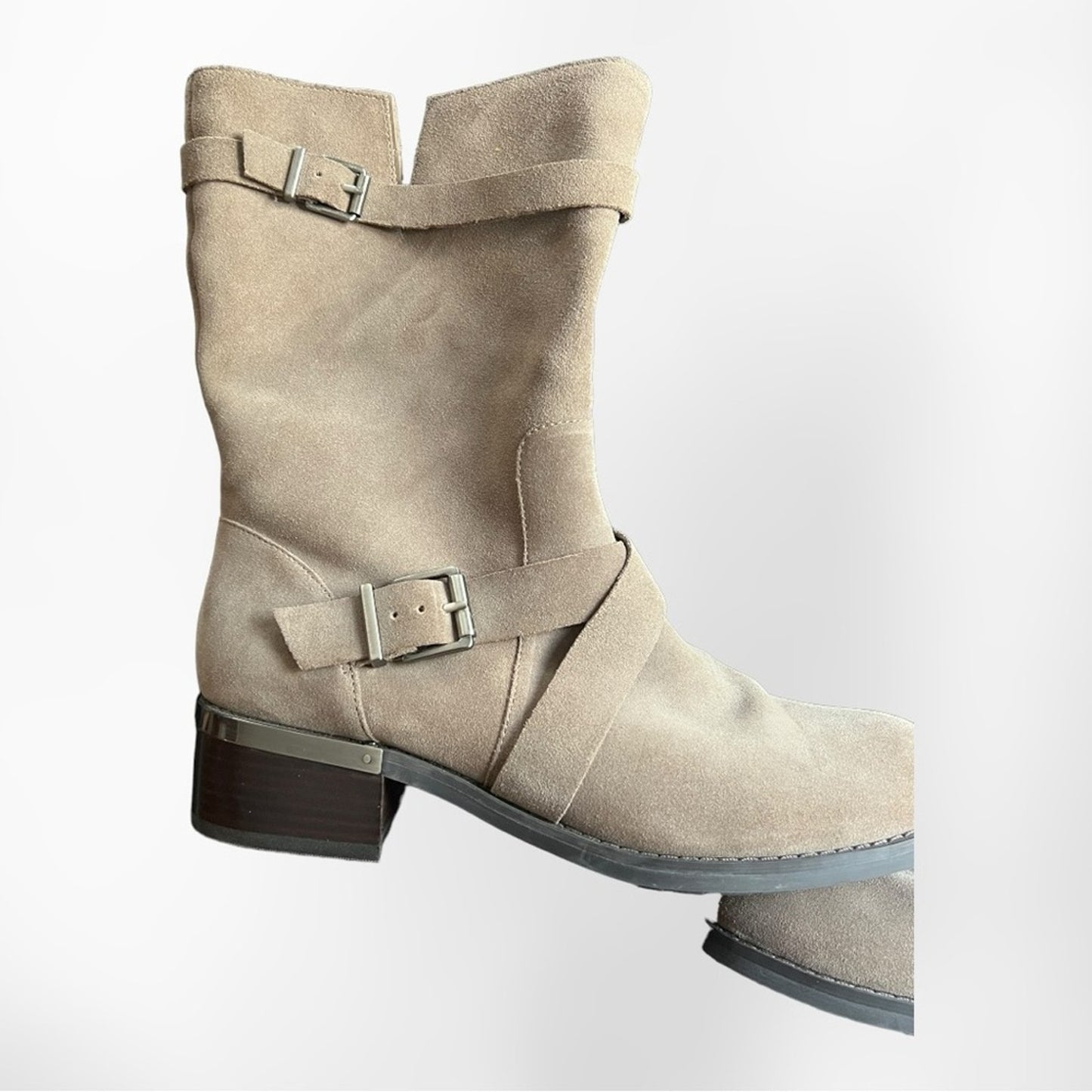 Vince Camuto Walleya Taupe Suede Motorcycle Boots