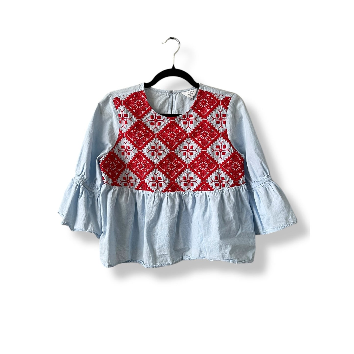 Crown and Ivy Blue Embroidered Popover Top