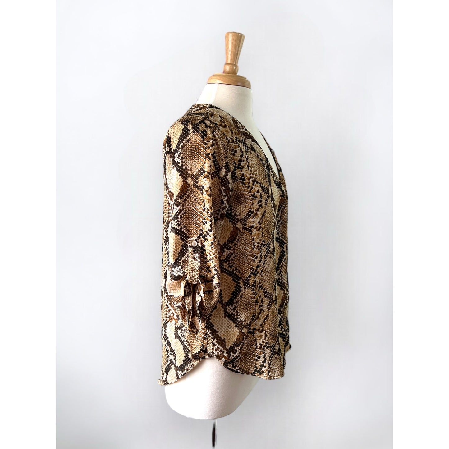 Lush Snake Print V-Neck Blouse – Size Small, 3/4 Sleeve, Brown & Beige