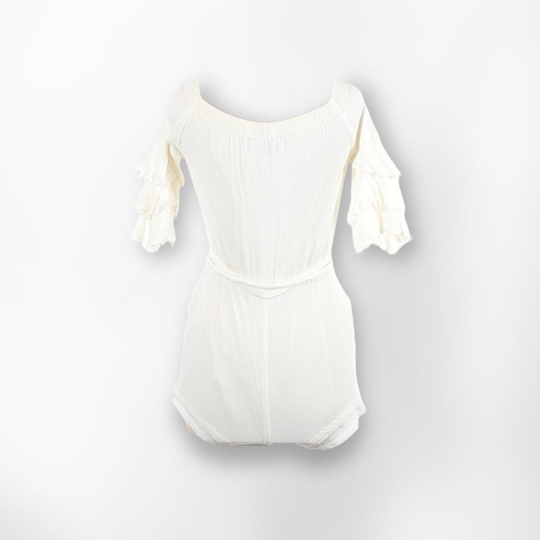 Lulu’s Santa Ana Trumpet Sleeve Flounce Romper in White