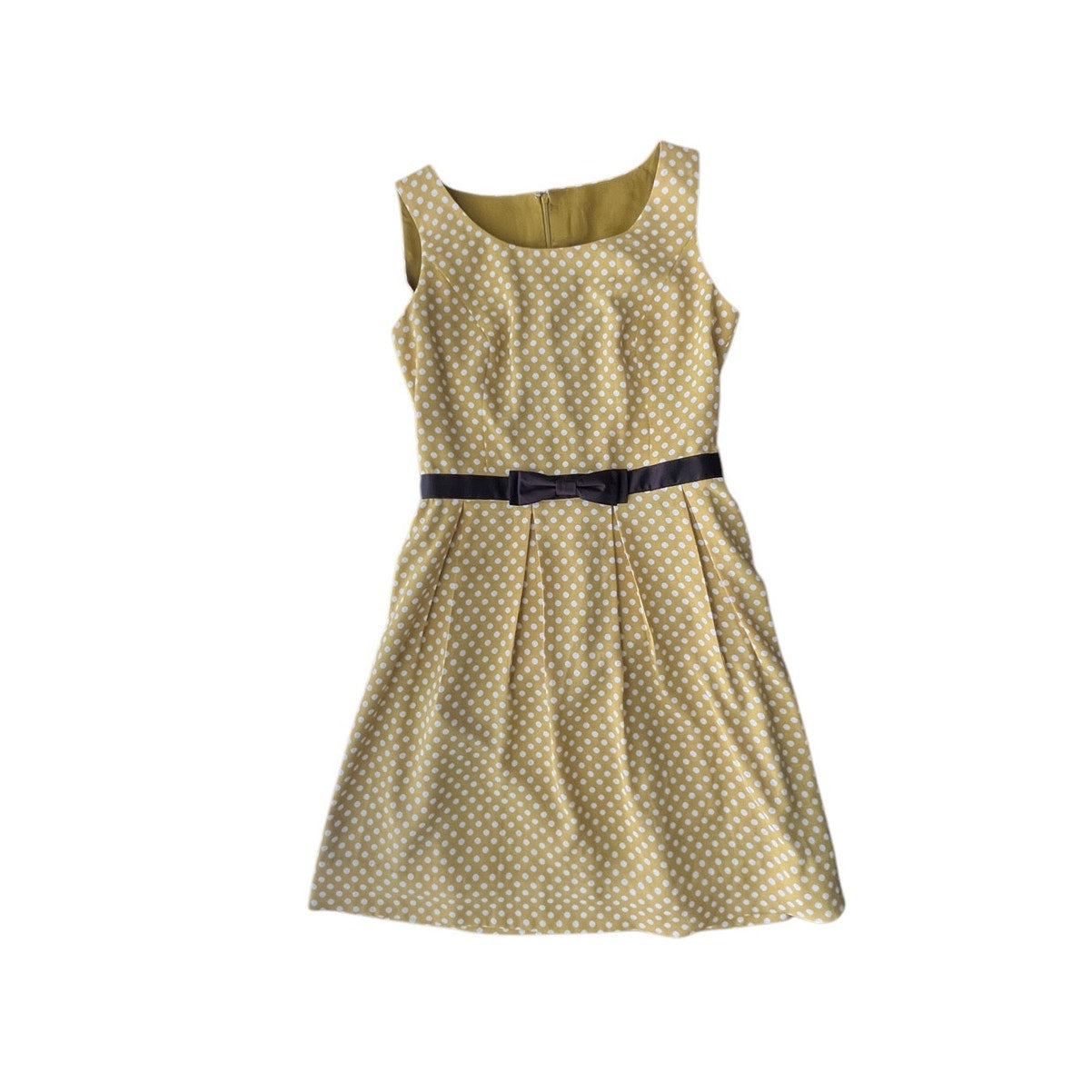 Vintage Mustard Yellow Polka Dot Fit & Flare Dress Retro Sleeveless Bow Size 8