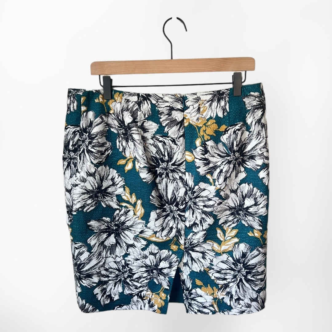 Ann Taylor Factory Petite 14P Floral Pencil Skirt – Teal, Black & Gold, Cotton Blend