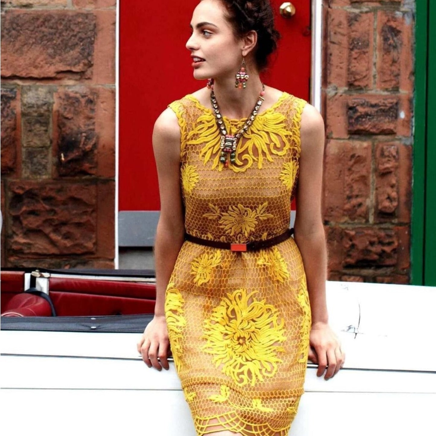 Mustard Anthropologie Honeycomb Lace Dress by Yoana Baraschi Size 4