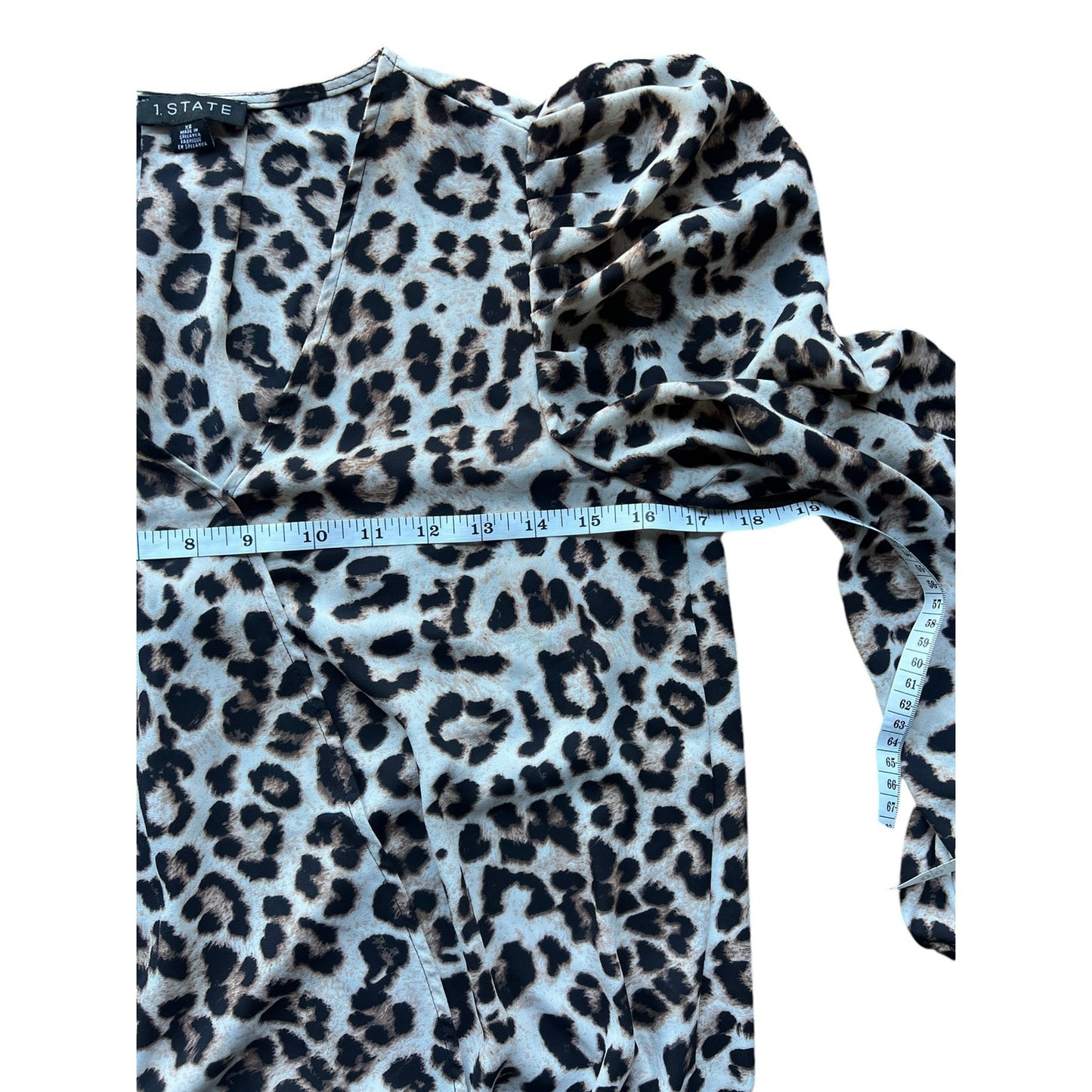 1.State Leopard Print Faux Wrap Surplice Puff Sleeve Blouse