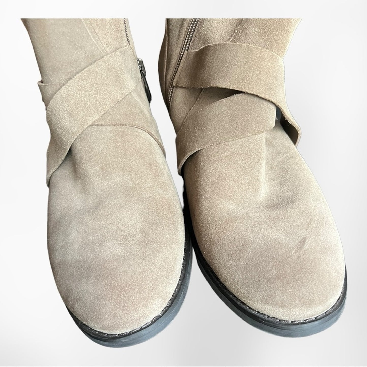 Vince Camuto Walleya Taupe Suede Motorcycle Boots