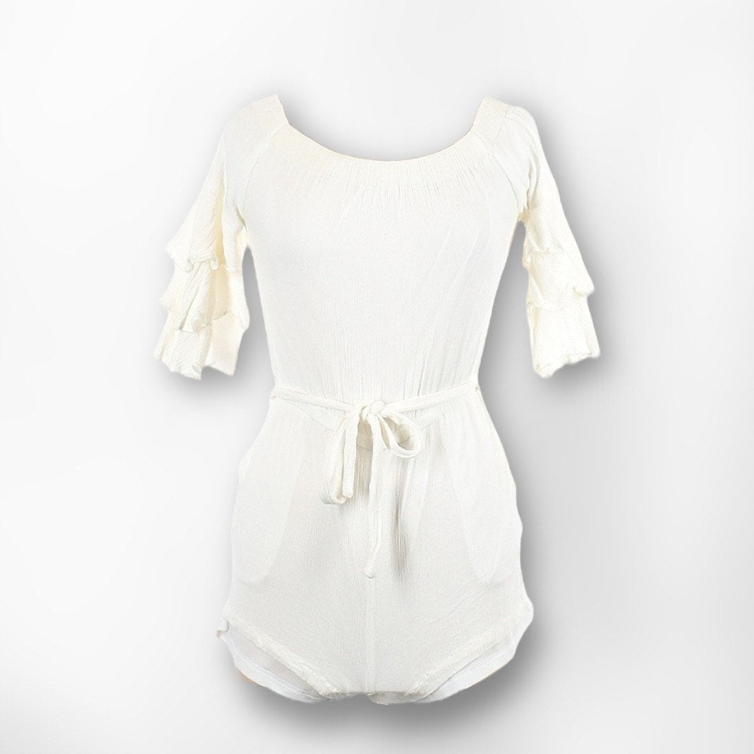 Lulu’s Santa Ana Trumpet Sleeve Flounce Romper in White