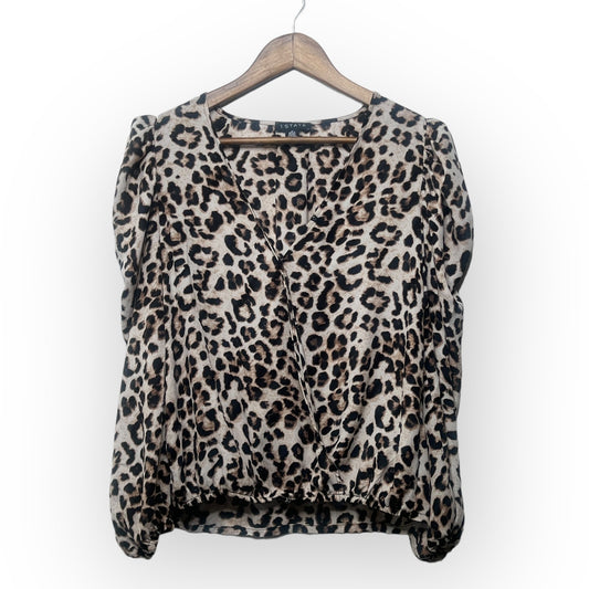 1.State Leopard Print Faux Wrap Surplice Puff Sleeve Blouse