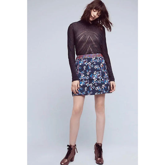 Anthropologie Cardana Maeve Blue Jacquard Floral Pencil Skirt