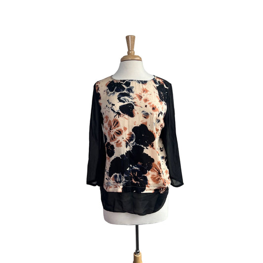 DKNYC Floral Pink and Black Panel Blouse